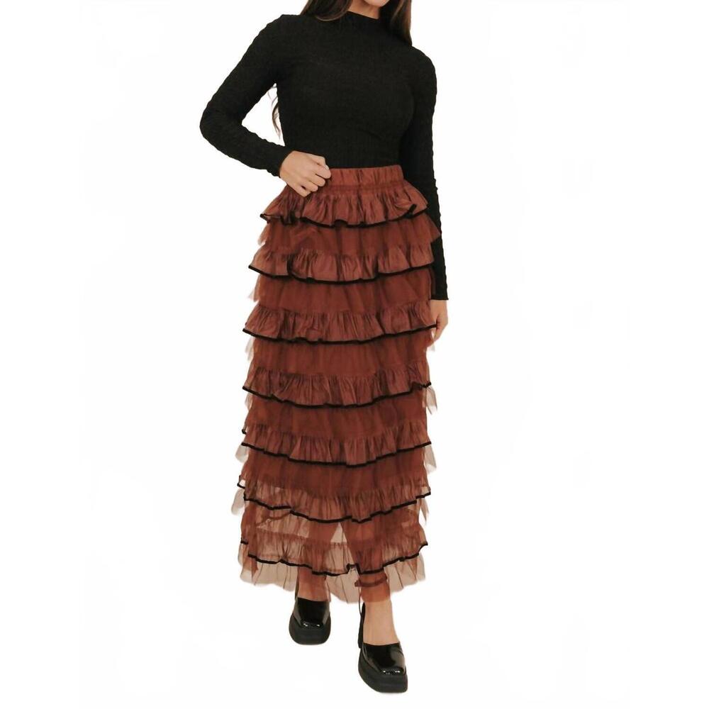 NEW SO ME tulle ruffled maxi skirt in sepia